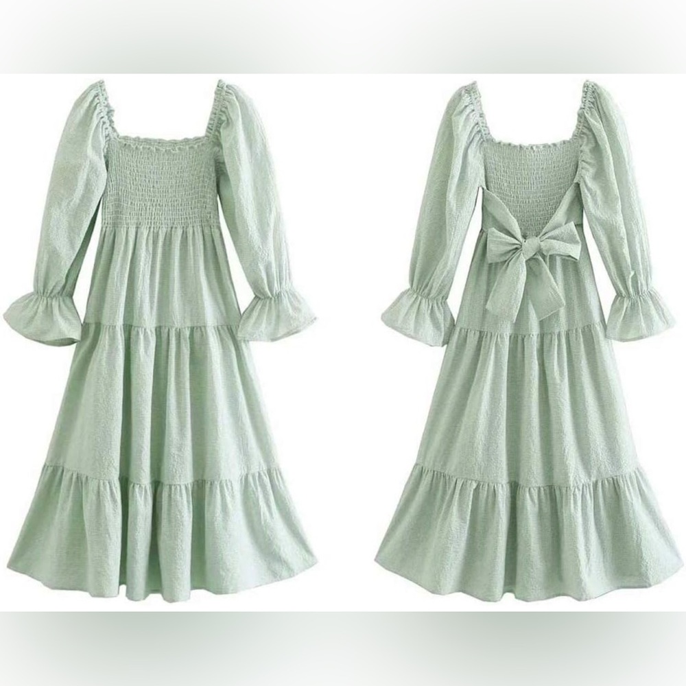 Green Gingham Puff Sleeve Dress - Picture 3 of 4